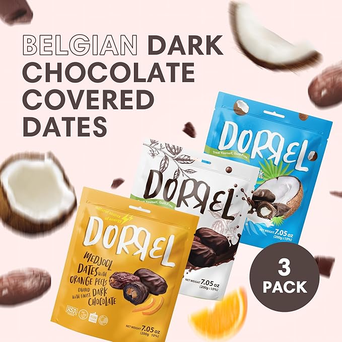 DORREL - Trio Bundle Pack: Belgian Dark Chocolate Covered Dates (Medjool) + Chocolate Dates with Candied Orange Peels & Coconut Stuffing, High Energy Choco Snack Kosher & Non-GMO Pack of 3, 7.05 oz Ea