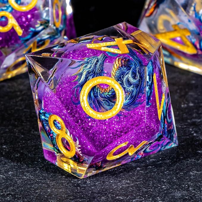 OUKELANWO Liquid Core Dragons Stickers DND Dice Set D&D, 7Pcs Dungeons D and D Role Playing Dice with Gift Box, Resin Sharp Edge Dice D20 D12 D10 D8 D6 D4, Purple Gold