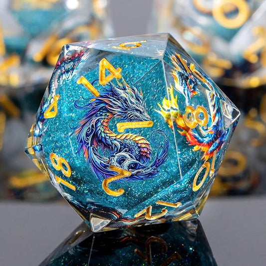 Dragon Pattern Liquid Core DND Dice Set, 7Pcs Sharp Edge Dice with Gift Box, Resin Blue Dungeons Dragons D and D Role Playing Dice D20 D12 D10 D8 D6 D4