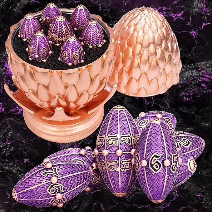 ARUOHHA DND Metal Dice Copper Purple Dragon Egg Dice with Rotating Dragon Egg Shell, Role Playing Game RPG Polyhedral D and D Dice Set D20 D12 D10 D8 D6 D4