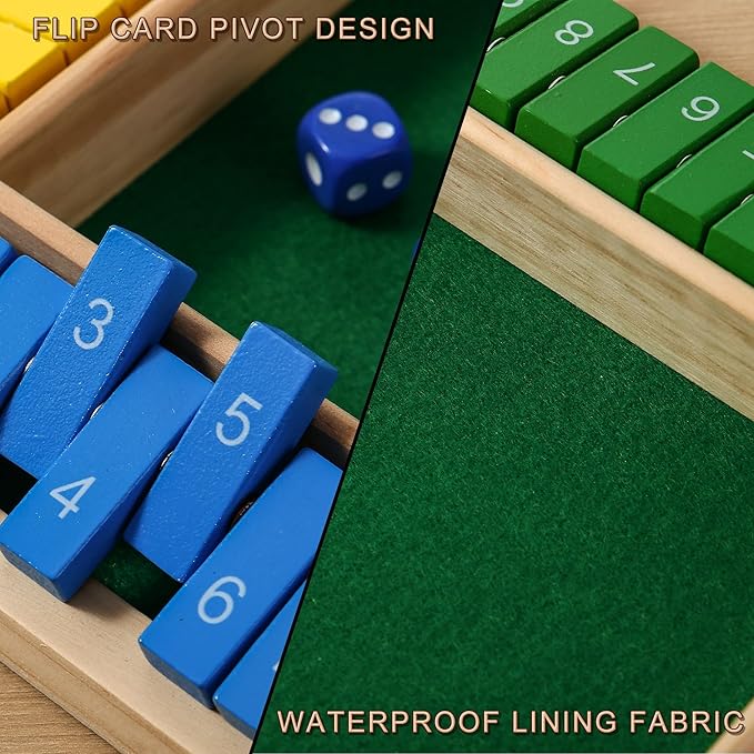 Dice Game Shut The Box Wooden Board Game,4 Sided Family Math Game for 2-4 Players,Educational Learning Interactive Game, Classics Tabletop Version Games for Classroom, Party, or Pub