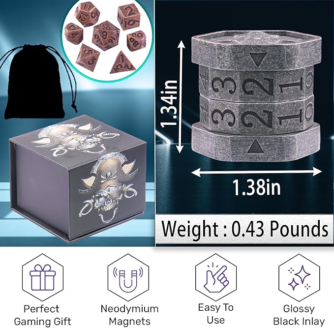 MTG Life Counter Wheel Metal Life Counter MTG Tracker, Mini Dice Set, Gift Box Packaging for Cards, MTGs Compatible Board Games, DND Game Accessories (Nickel Rolling)