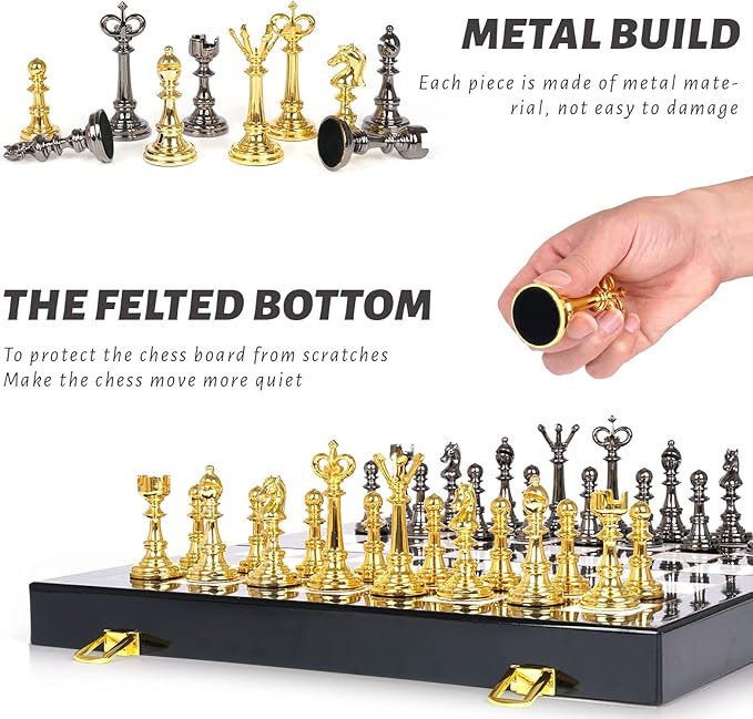 Metal Chess Set and Checkers Game Set 15 inch(2 in 1) Chess Board Games for Adults Kids Metal Chess Pieces & Portable Folding Wooden Chess Board Travel Chess Sets Metal Chess Pieces with Storage Box