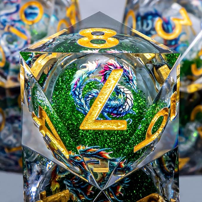 Dragon Pattern Liquid Core DND Dice Set, 7Pcs Sharp Edge D&D Dice with Gift Box, Green Resin Dungeons Dragons D and D Role Playing Dice D20 D12 D10 D8 D6 D4