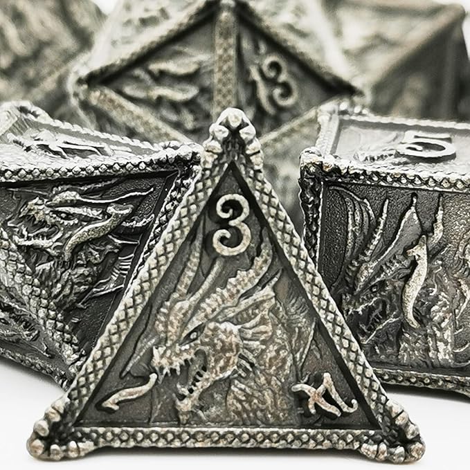 HAOMEJA Metal Dragon Dice Set - 7 Solid Dice for D&D & Dungeons and Dragons (Antique Iron)