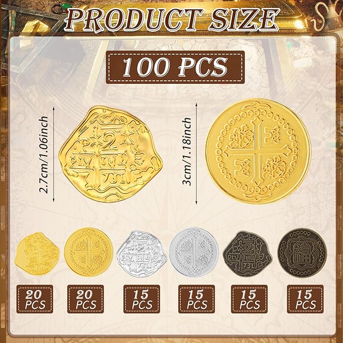Hanaive 100 Pcs Metal Pirate Coins Treasure Chest Spanish Doubloon Fake Coins Tokens for Kids Board Games Pirate Party Cosplay (Groovy Style)