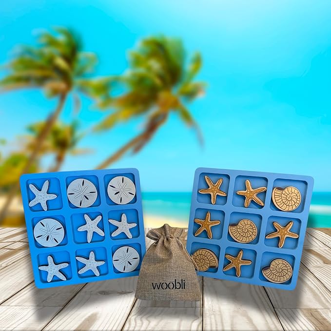 Beach Tic Tac Toe Game – Coastal Wooden Board Game with Sea Star vs Sand Dollar Pieces, Beach House Coffee Table Decor, Classic Two-Player Game, White Elephant Gift, 8.63-Inch Tic Tac Toe with Easel