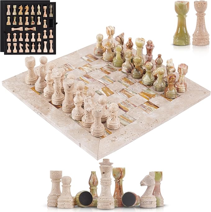 Marble Chess Set 15 Inch Travertine & Green Checkers Board Game with Pieces, 2 Extra Queens and Storage Box, Strategy Set for Adults & Family, Travel, Tabletop Play