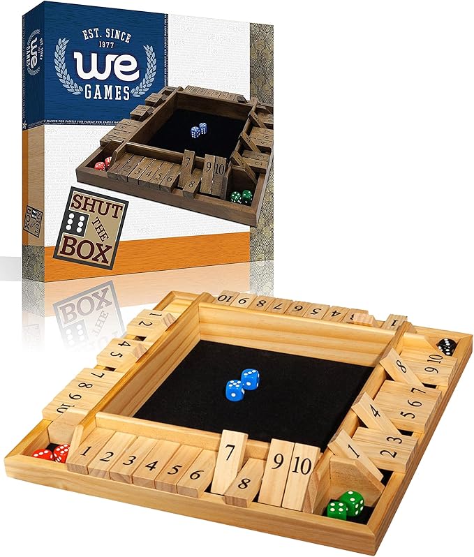 WE Games Wooden Shut The Box Game 4 Player - 10 Number Tiles & 8 Dice - Large 14-Inch, Natural Wood Finish