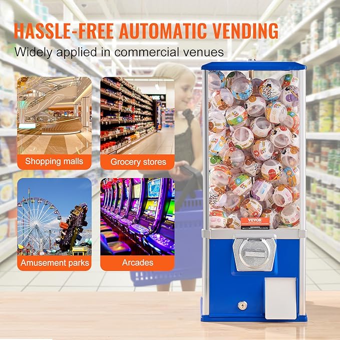 VEVOR Gumball Machine for Kids, 25" Height Home Vending Machine, PS Bouncy Balls Dispenser, Hold 230 Capsule Toys, Rectangle Bubble Gum Machine for Game Stores, Coin Operated Gumball Bank, Blue