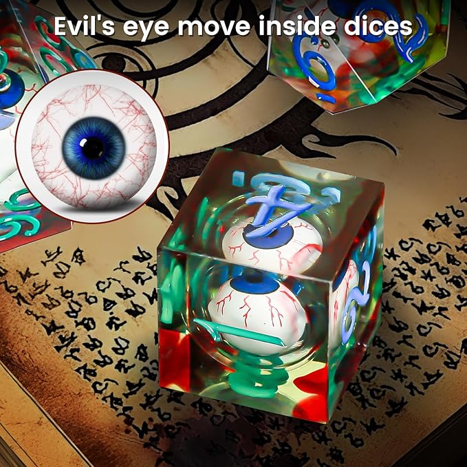 Evil Eye Dices OriCraft Moving Eyes Dice DND Dice Set with Moving Eye Inside Dungeons and Dragons Polyhedral Role Playing Gaming Dices D20 Dice 7 Set Halloween Dices Green