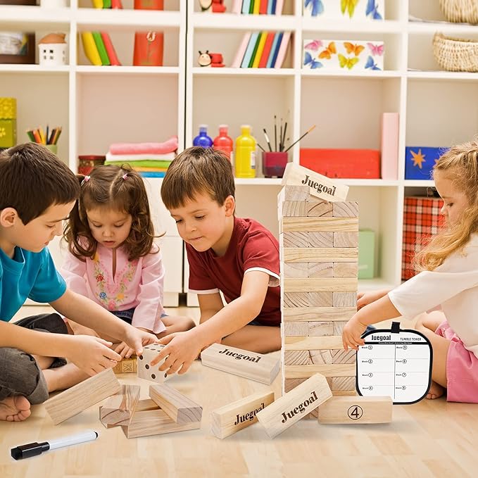 Juegoal 54 Pieces Giant Tumble Tower Blocks Game Giant Wood Stacking Game with 1 Dice Set Canvas Bag for Adult, Kids, Family