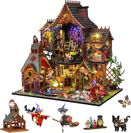 DIY Miniature House Kit,Tiny House Model Kit Dollhouse with Light & Tools, DIY Wooden Dollhouse Miniature Kit for Adults and Teens, Creative Craft Magic House Kit, Home Decor(Magic Spirit)