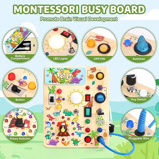 Toddler Busy Board,Montessori Toys for 1-3 Years Old,Baby Sensory Board,Wooden Learning Toys,Christmas & Birthday Gift for Boys & Girls (Dinosaur Busy Board v2)