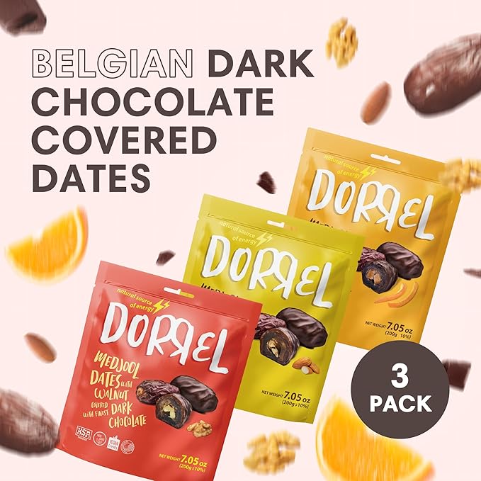 DORREL - Trio Bundle Pack: Belgian Dark Chocolate Covered Dates Medjool with Candied Orange Peels, Salted Almonds & Walnuts Stuffing, High Energy Kosher Non-GMO Vegan Choco Snack Pack of 3, 7.05 oz Ea