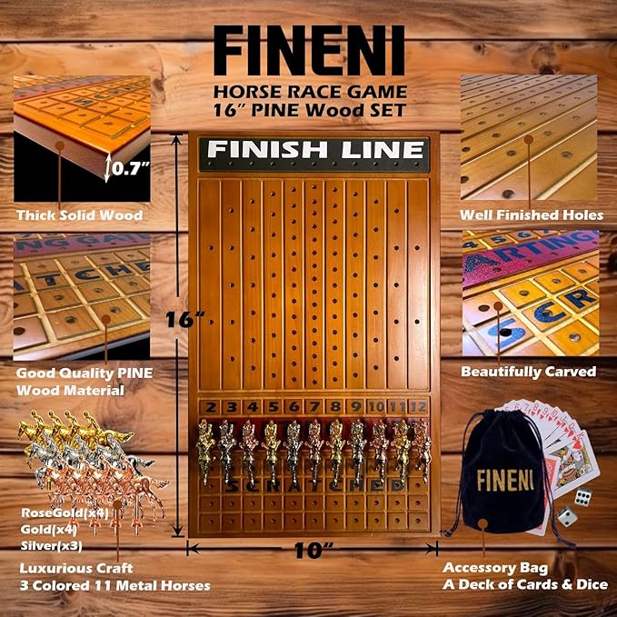 Horse Racing Game for Adults - 11 Luxurious Metal Horses (Silver, Black, Rose Gold), 16" Dark Pine Wood Race Board, Dice & Card Included (Dark Color)