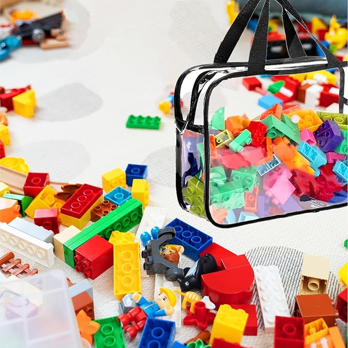 Clear Storage Bag with Zipper - Organizing Bags for Home Travel with Handles - for Building Blocks, Puzzle, Book, Board Game(Black, 6 Packs)