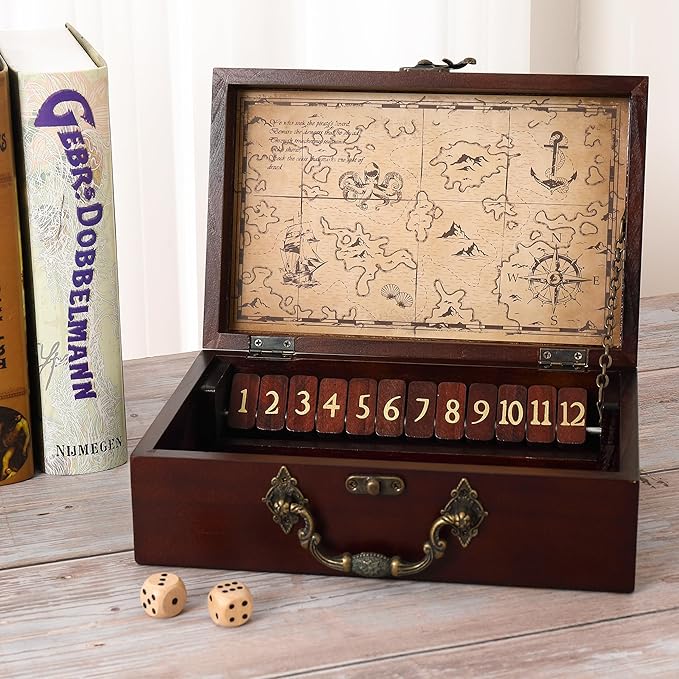 STERLING Games 12 Number Shut The Box Wooden Box Travel Case Nautical Theme Family Dice Game for Kids and Adults