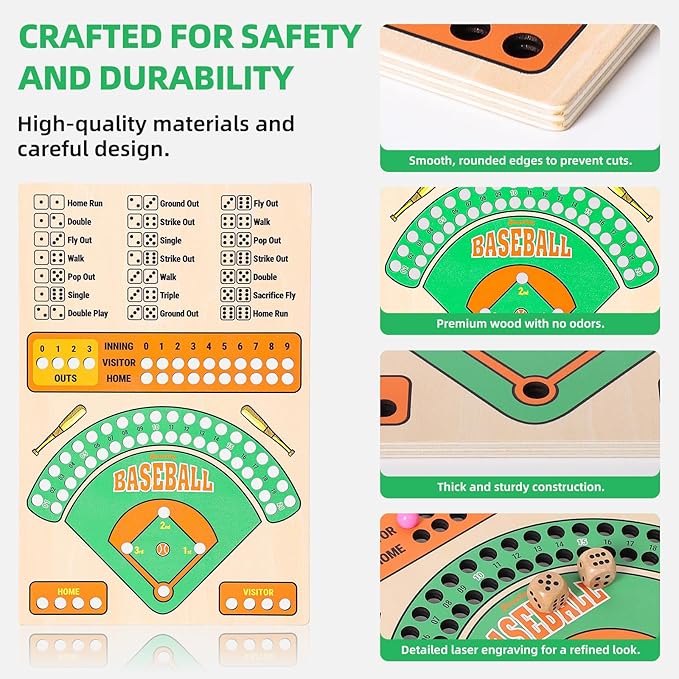 Baseball Board Game, Wooden Baseball Dice Game with Marbles, Baseball Travel Game and Indoor Table Game for Camping Family Gatherings, Baseball Gift for Teens Adults (Colourful Style)