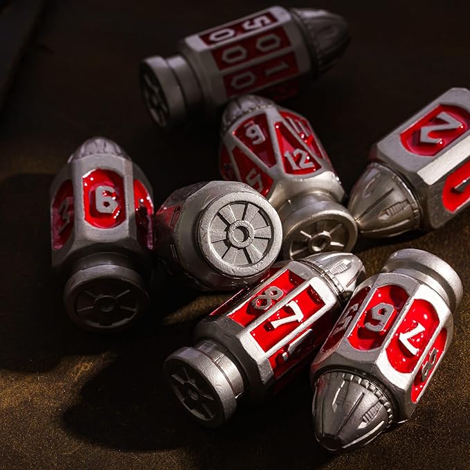 UDIXI Metal Dice Set D&D 7-Die RPG Polyhedral Bullet Dice Set Cyberpunk Style with Metal Container for Role Playing Game or Other Tabletop Games(Nickel Red)