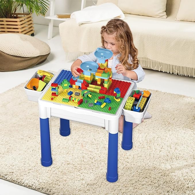 PicassoTiles Kids Activity Center Play Table & Study Desk Set Sandbox Water Tight Container Storage All-in-1 STEM Toy Kit Playset with 331pc Dual Size Building Bricks Construction Blocks Marble Run