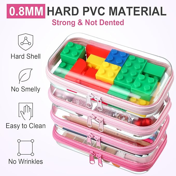 Hoolerry 4 Pcs Hard Clear Zipper Case Transparent Cases for Snacks Makeup Bag Plastic Storage Box Containers for Building Blocks, Puzzles, Cosmetics(Pink,7.5 x 3.9 x 2 in)