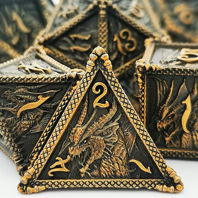 HAOMEJA Dice DND Metal Dragon Set Dice 7 Role Playing Dice D&D Solid Dice Dungeons and Dragons (Ancient Brass)