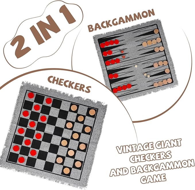 2-in-1 Vintage Giant Checkers and Backgammon Game Set– 26" Outdoor Yard Board Game with 30 Wooden Checkers & 5 Dice – Jumbo Backgammon Set Backyard Game for Family Lawn Games, Outdoor & Indoor Play