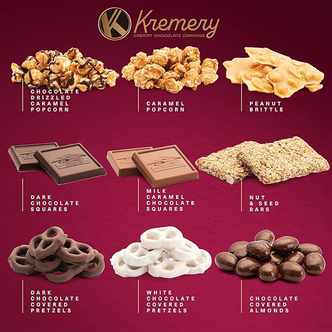KREMERY Creamy Chocolate Cravings - Chocolate Covered Pretzels & Caramel Popcorn Gift Basket, in Seagrass Tray + Ribbon (Premium, 2.5 lbs) Food Arrangement, Kosher Dairy, USA Made