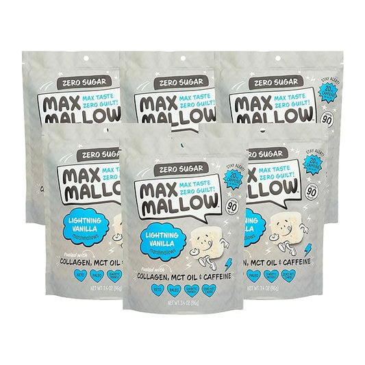 Max Mallow Sugar Free Marshmallows - Keto Friendly, Perfect for S'mores, Hot Chocolate, and Baking with Zero Sugar Snacks, Smores Mct Oil Zero Sugar Marshmellow Marshmallow Lightning Vanilla, 6 Pack