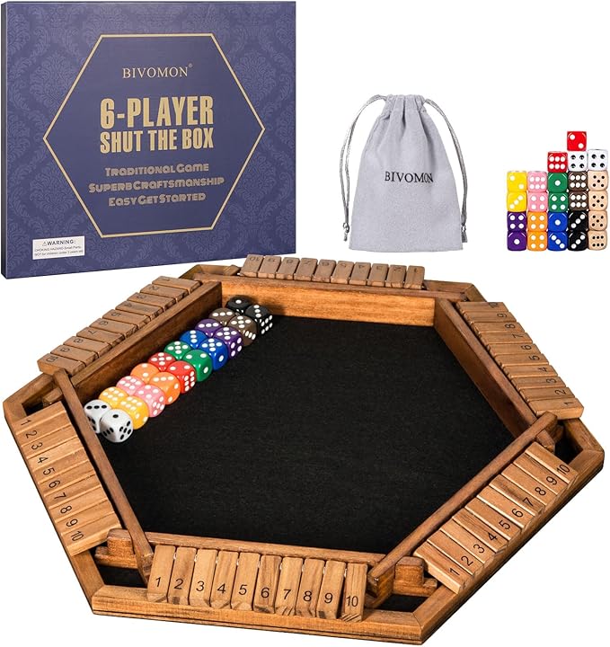 1-6 Players Shut The Box Dice Game, Wooden Board Table Math Game for Kids Adult with 24 Dice, Close The Box Game for Family, Party, Christmas, Birthday