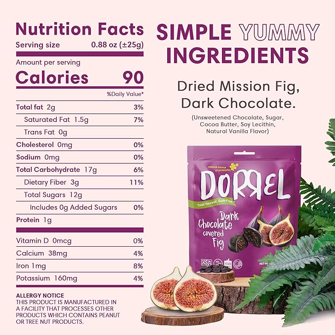 DORREL - Belgian Dark Chocolate Covered Figs, High Energy Vegan Choco Snack with Medjool Dates & Dried Mission Figs Center, Delicious, Kosher & Non-GMO, Pack of 3, 8.8 oz / 250 g Ea
