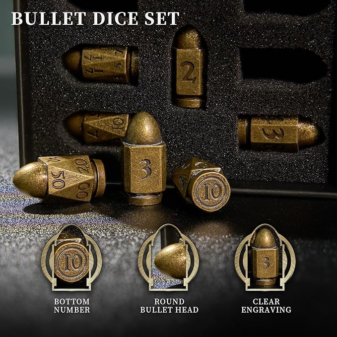 Bullet Dice Set - Metal Polyhedral Dice for Dungeons and Dragons, Warhammer, or Crime Theme Role Playing Games (Bronze)