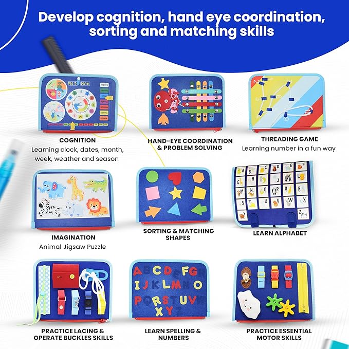 Montessori Busy Board for Toddlers, Sensory Creative Activity Toy for Fine Motor Skills Development, Educational Travel Companion for Boys & Girls, Rainbow Safari.