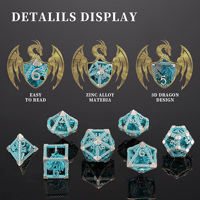 D&D Hollow Metal Blue White Dragons Polyhedral Dice Set,Dungeons and Dragons Gifts Dice for RPG and Tabletop Games(Blue White Dragon)