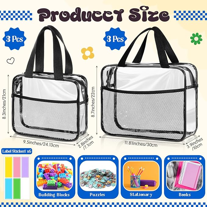 6 Pack Clear Toy Storage Bags with Zipper and Tags Reusable Waterproof Transparent PVC Toy Organizer Cases with Portable Handle for Building Blocks Puzzles Books(3 Large, 3 Medium)