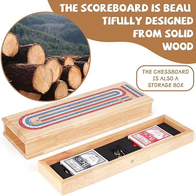 Wooden Cribbage Board Game Set, Premium Wooden Board with with Storage Drawer and Metal Pegs, Strategy Card Game Cribbage - Travel Portable Cribbage Game Sets for Family