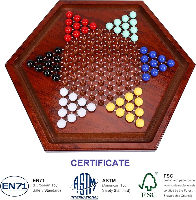 14 inches Wooden Chinese Checkers Set, 60+12 Colorful Glass Marbles in 6 Colors, Classic Strategy Games for Adults Kids and Seniors, Fun for Whole Family Board Game (Up to 6 Players)