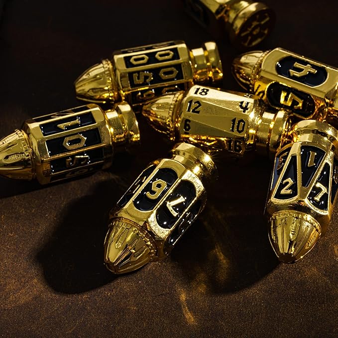 UDIXI Metal DND Dice Set with Unique Container, 7-Die Bullet RPG Dice Set for D&D, Role Playing Game or Other Tabletop Games(Golden Black)