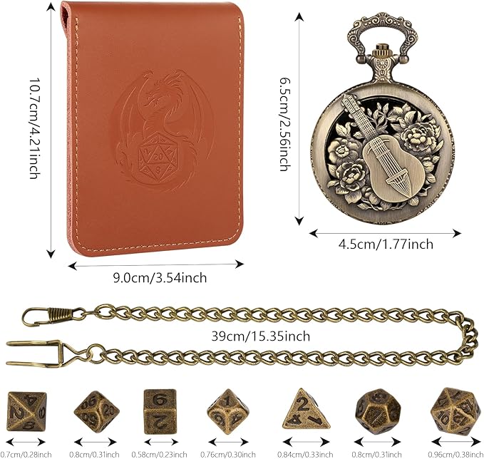Bronze Mini DND Dice Set with Hollow Bard Pocket Watch Shell Case, Steampunk DND Gifts with Dice Bag, 7pcs Polyhedral Metal Dice Set, D&D Starter Set, Role Playing Board Games Accessories, Bard Gift