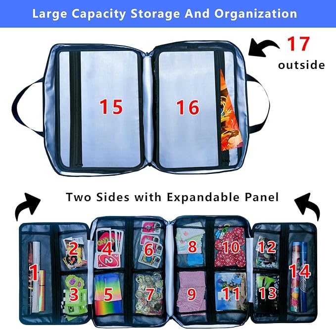 17-Pocket Board Game Organizer Carry Case - Storage & Travel Case for Games, Cards, Tokens, Dice Accessories.