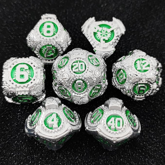Geakeeper Construct D&D Dice, Metal DND Dice Set, 7Pcs Polyhedral Dragon Metallic D&D Dice with Gift Case for Dungeons and Dragon Game, RPG Role Playing Table Game Gifts (Green Silver)