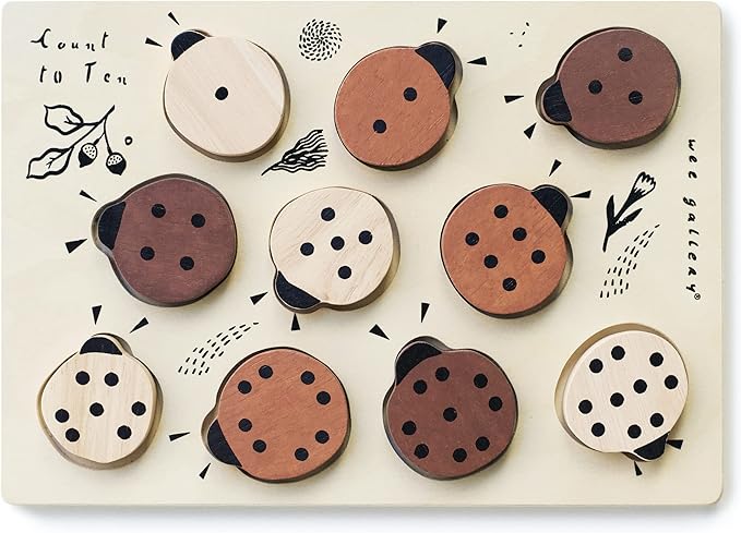 Wee Gallery Wooden Tray Puzzle Count to Ten Ladybugs, Montessori Toy for Toddlers and Preschoolers for Early Learning and Fine Motor Skill Development, Sustainable Educational Puzzle for Kids