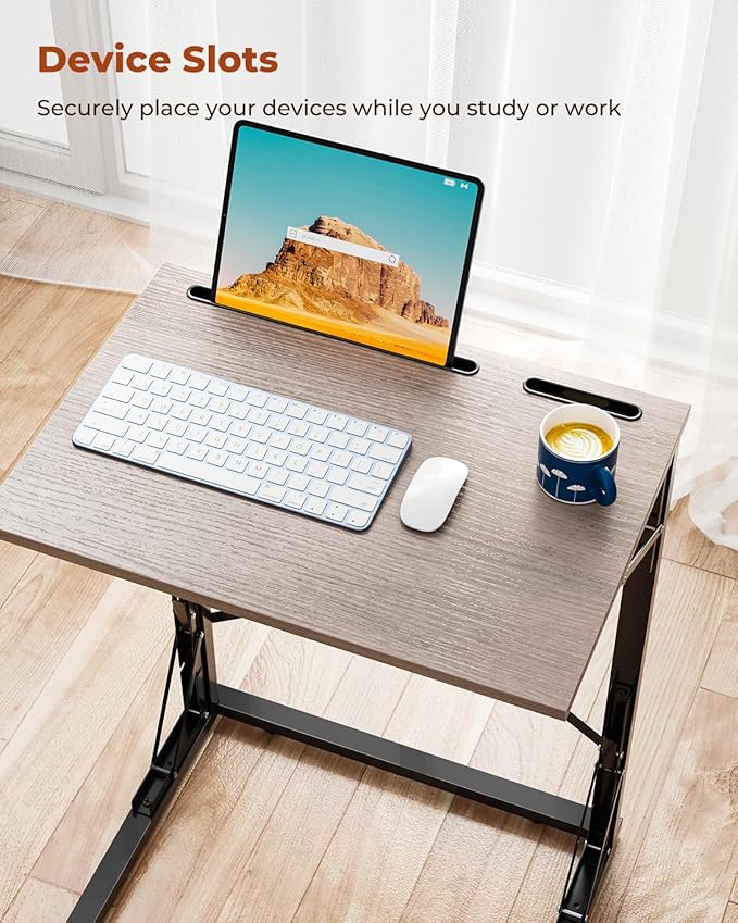 21''Wx28''H Folding TV Tray for Eating, Small Foldable C-Shaped Tray Table with Tablet and Phone Slots, Slide Under Couch Side Table for Recliner, Living Room, Bedroom, Greige