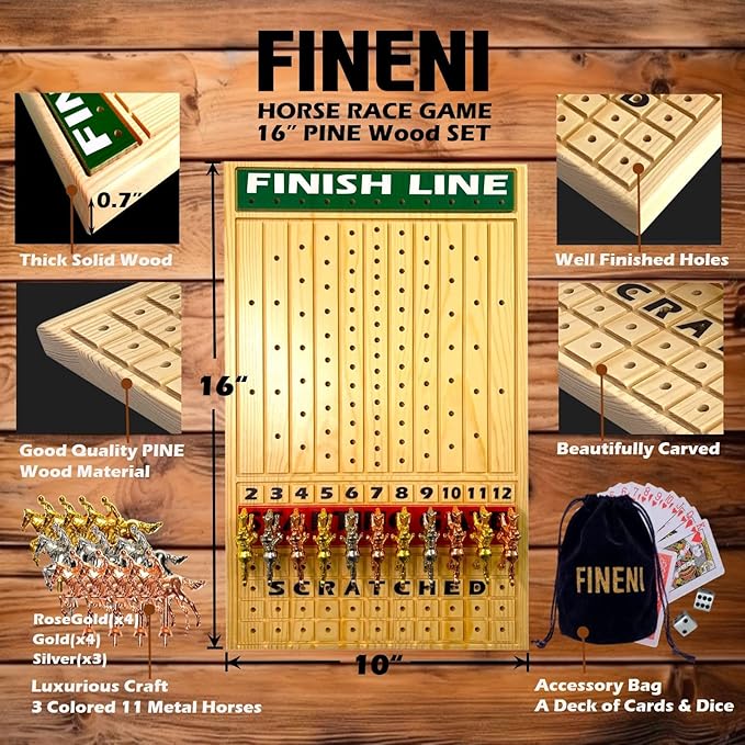 Racing Game for Adults With 11 Luxurious Metal Horses (Silver, Black, Rose Gold), 16" Pine Wood Race Game Board, Dice & Card Included (Log Color)