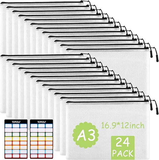24pcs Mesh Zipper Pouches, A3 Size Waterproof Black Zipper Bags, Water-Resistant Plastic Zipper Pouch for School Office Supplies, Puzzles & Games Organizing Storage