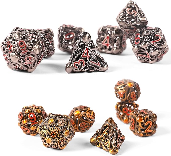 AncientDeer DND Dice Set 7 Pieces D&D Pure Copper Hollow Polyhedral DND Dice W/Gift Box & Dice Bag for DND RPG Explorers Savage World and Table DND Dungeons and Dragons Role Playing