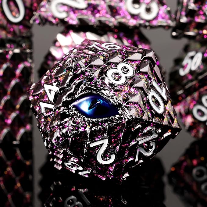 Metal Dice Set D&D,7 PCS Dragon Scale Metallic DND Dice Set,Dragon Eye Metal Dice with Grogeous Gift Case for Dungeons and Dragon Tabletop Game (Glitter Purple Dragon Scale & Blue Eye)