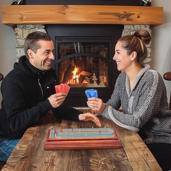 Wooden Cribbage Board Game Set with Large Storage Area,9 Metal Pegs & 2 Playing Cards Continuous Solid Wood 3 Track Board Travel Portable Cards Games for Adults Family