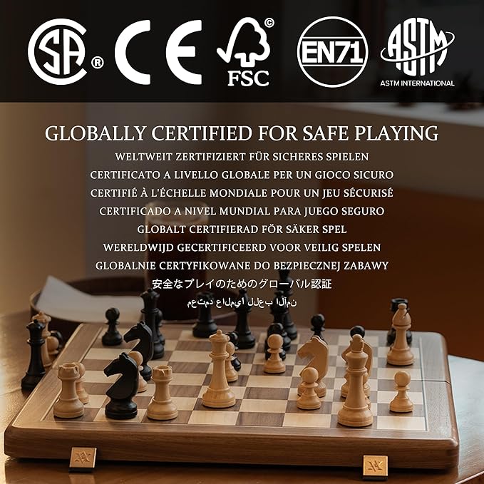 A&A Premium Natural Walnut Folding Chess Board Game Set, 15" Wooden Chess Board & 3" King Height Staunton Chess Pieces with 2 Extra Queens, Portable Travel Chess Set with Storage Bag for Adults & Kids